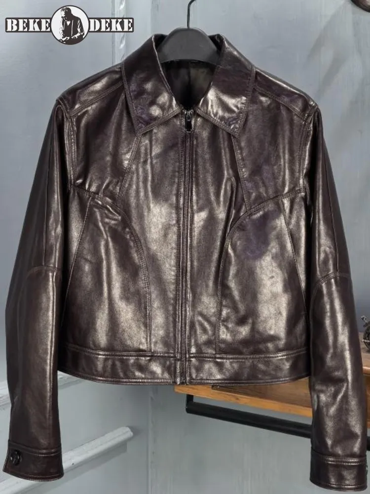 Modna, ręcznie robiona kurtka z zamkiem błyskawicznym, jednolity kolor, skóra naturalna, krótki płaszcz, najwyższa jakość, kołnierz, owcza skóra, długi rękaw, damski płaszcz biurowy.