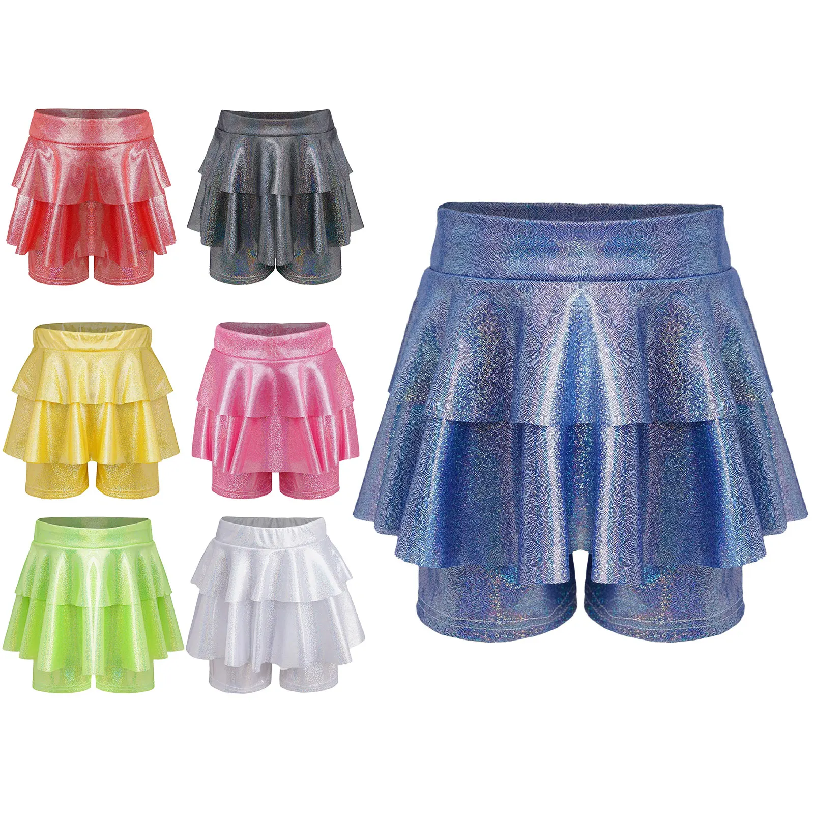 

Girls Elastic Waistband Metallic Shiny Skirted Shorts Culotte Kids Jazz Dance Costume Cheerleading Performance Skirted Shorts