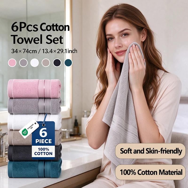 6-Piece 100% Cotton Hand Towels, 34×74cm Absorbent Quick Dry Face Towel Set, Soft Skin-friendly Towels for Hotel, Gym, Daily Use