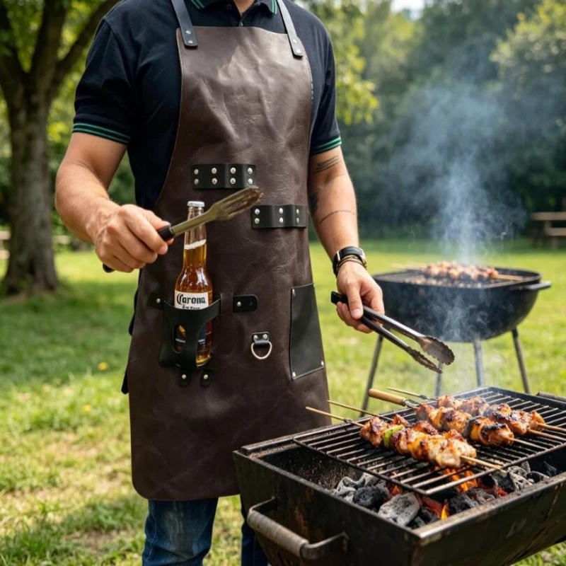 Multi Pocket PU Leather Apron for Men Outdoor BBQ with Dedicated Beer Bottle Holder and Tool Loops for Grill Masters