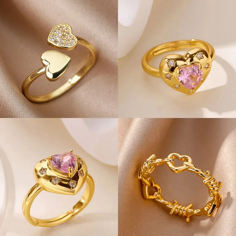 Ringe mit rosa Zirkon in Herzform für Damen in Goldfarbe ‌ Edelstahl Kristallherz Verstellbarer Ring Mode Hochzeitsschmuck Geschenk