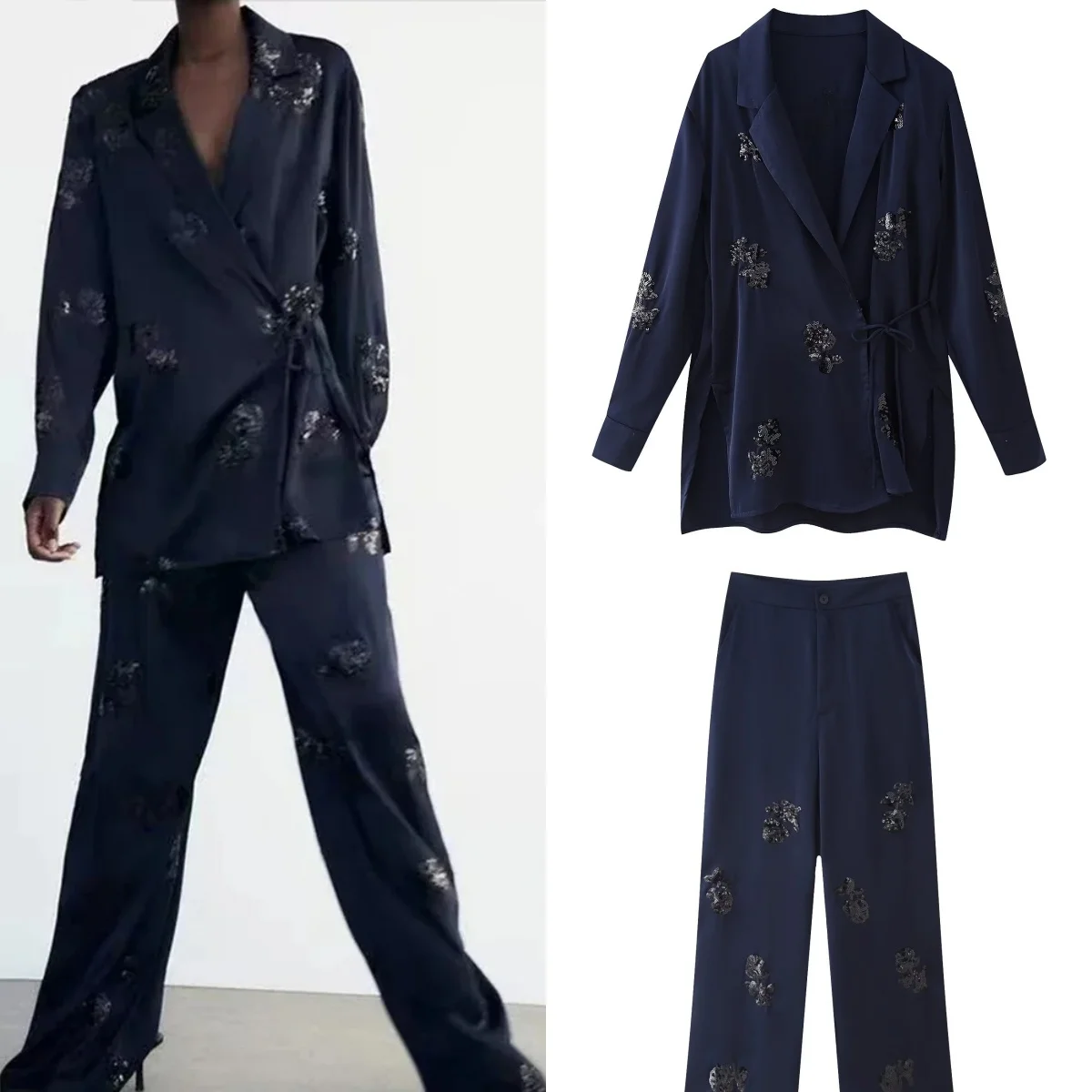 Sequined Belt Shirt Pants Sets Women Fashion V-neck Long Sleeve Shirts Wide Leg Button Zippers Female Set 2024 Summer Lady Suit