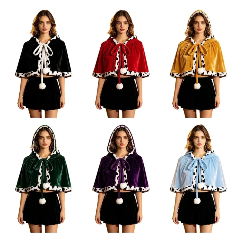 Q39C Soft Costume Shawl with Hooded Cow Print Trim and Open Front, Layer for Themed Photos and Cool-Weather Outfits