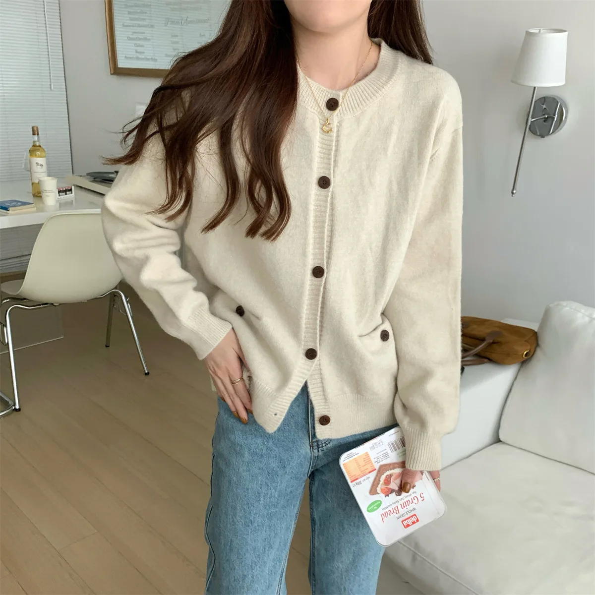 Women Knitted Cardigan Sweaters Solid Short Jumper Pocket Round Neck Long Sleeve Single Breasted Loose Casual 2025 Autumn Winter