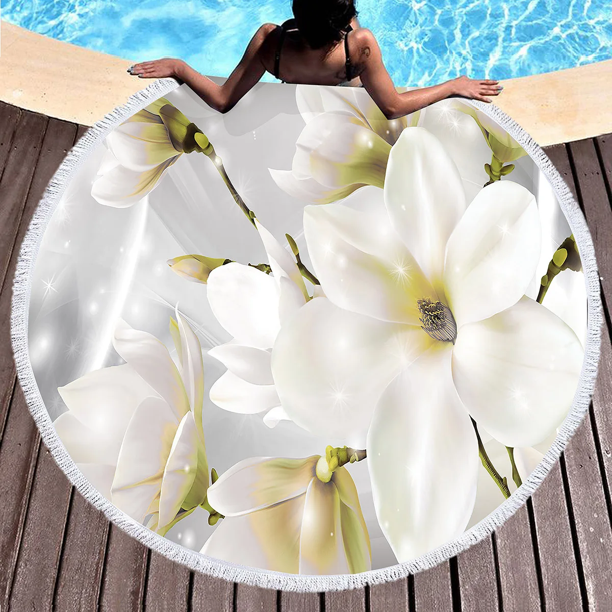 Fragrant Magnolia Flower Round Beach Towel,Polyester Sand Resistant Beach Blanket,Absorbent Quick Dry Pool Towel Soft Picnic Mat