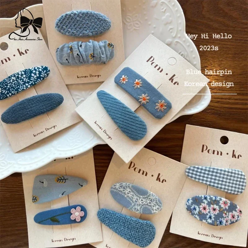 2pcs New Cute Cotton Embroidered Denim Hair Clips for Girls Sweet Flower Hairpins BB Clips Kids Fashion Hair Accessories