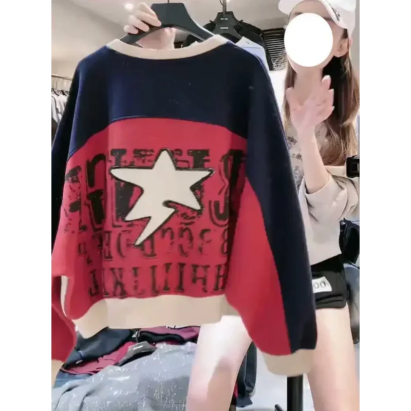 American Retro Color-blocking Letter Printing Round Neck Sweatshirt for Women in Autumn Shoulder Top Fashionable Pullover