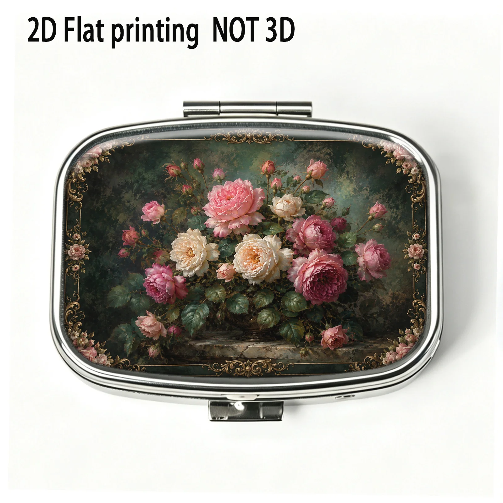 Dark-Toned Vintage Border with Pink Peony Floral Oil Painting Pattern, Small Square Two-Compartment Pill Organizer, Portable Medicine Storage, Can Also Be Used as a Household Portable Organizer, Decorative Box, Perfect for Handbags, Wallets, and Travel, Metal Storage Box, Small Jewelry Organizer, Ideal for Holiday Gifts, Souvenirs, Prizes, and Small Gifts