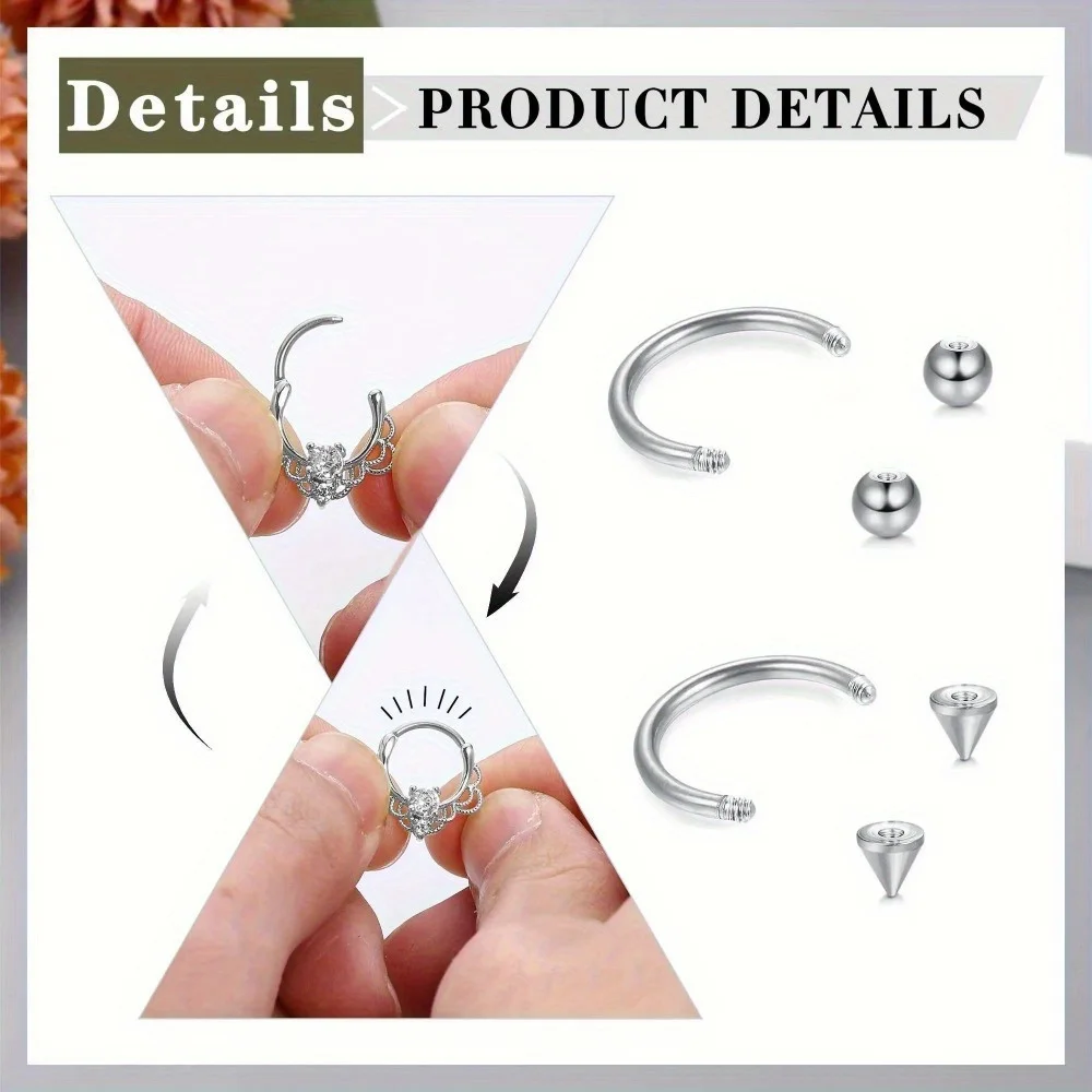 DOLOTTA 1Pc Stainless Steel Septum Ring 16G Daith Earring Nose Ring Hoop CZ Opal Cartilage Helix Tragus Clicker Piercing Jewelry