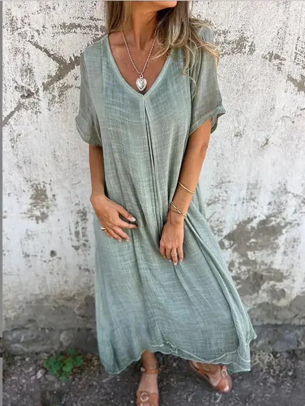 

2024 Summer Cotton Linen Short Sleeve Loose Dress Women's V-neck High Waist Long Dress Vintage Solid Color Straight Beach Dress