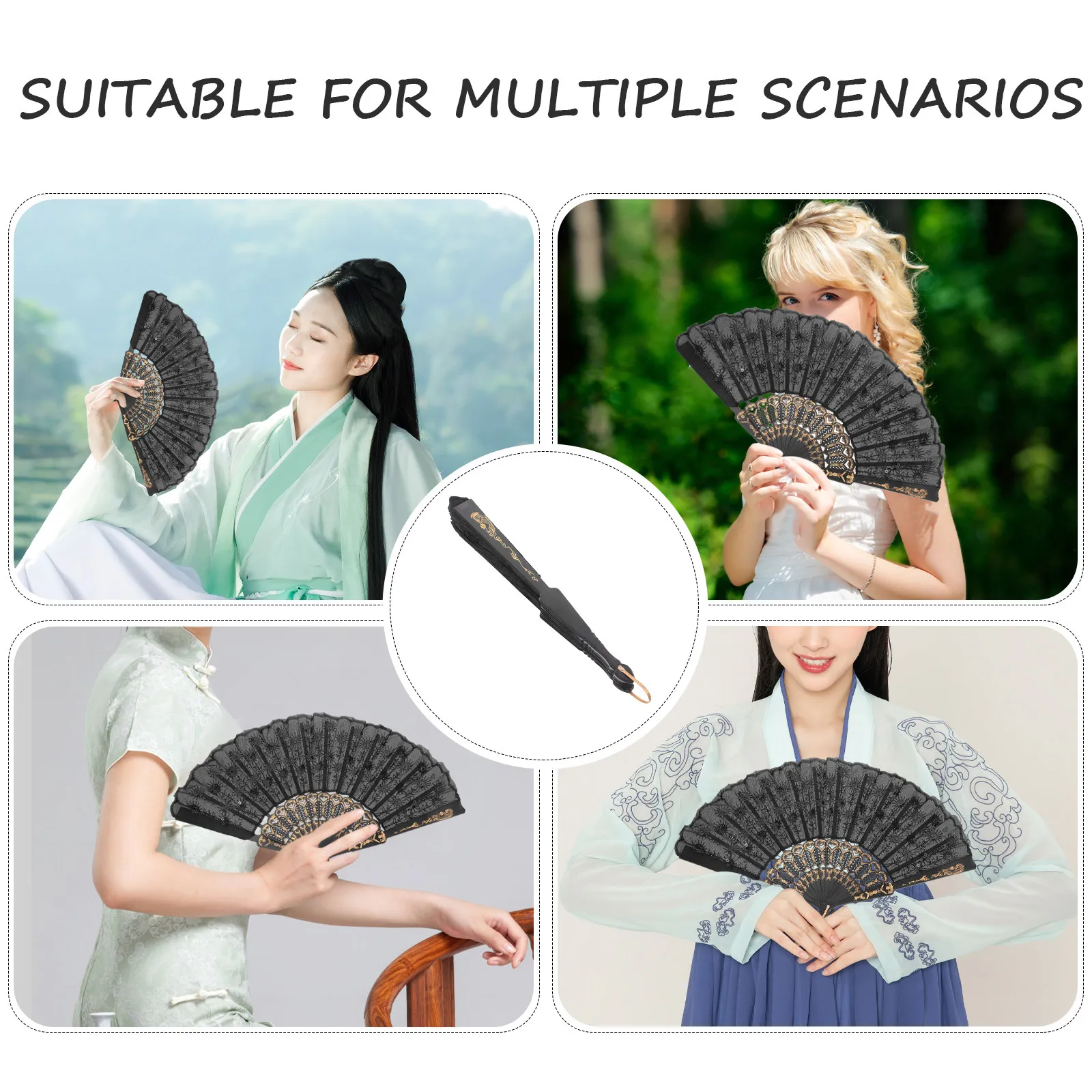 Black Folding Fan Embroidered Sequin Hand Fan for Dance Wedding Favors Stage Parties Cultural Celebrations