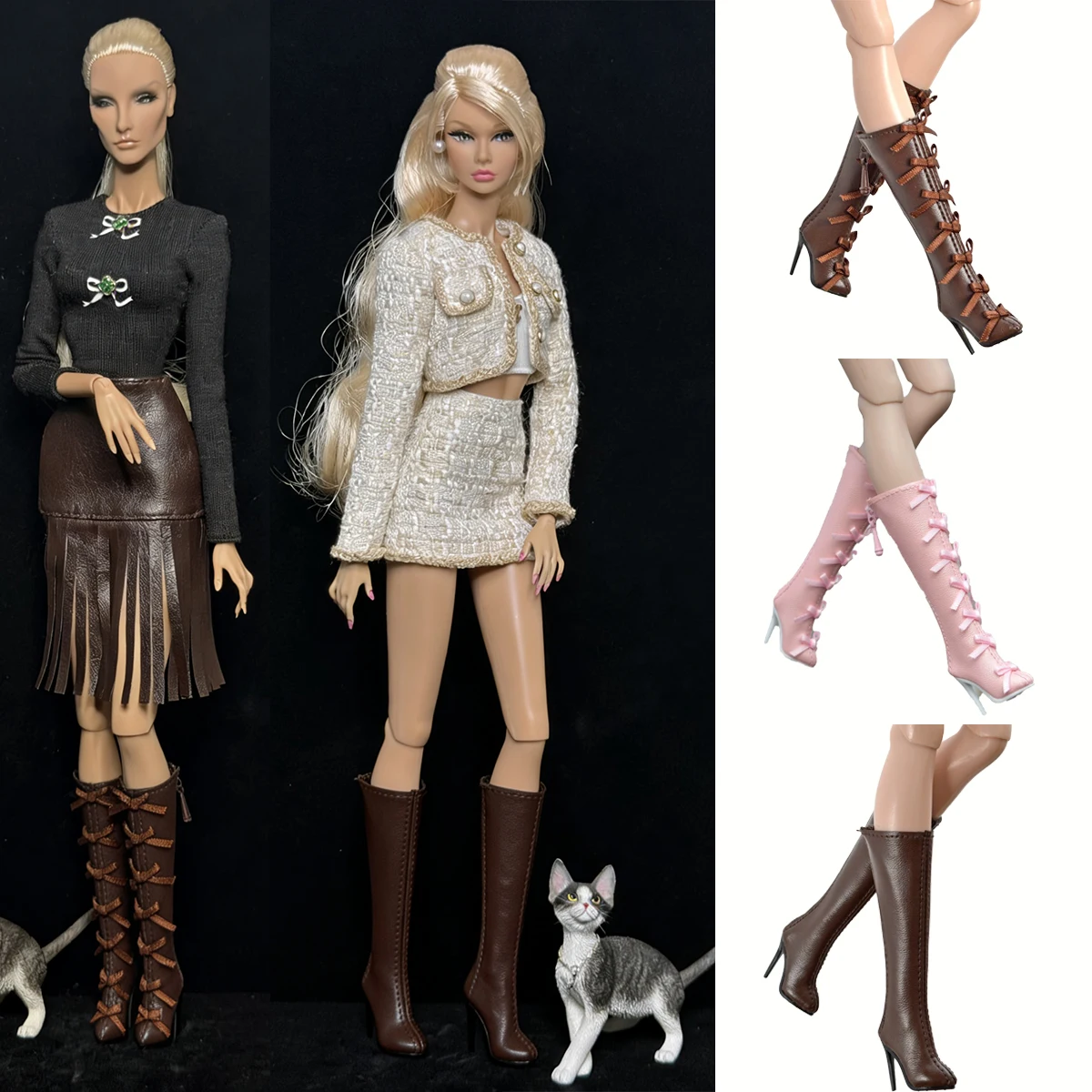 1/6 Supermodel Doll Shoes Parts Fashion Senior Sense Mid-calf Boots Sweet Bow Leather Boots For FR2 NU.FAC Kissmela Xianxian