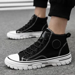 Fashion High Top Canvas Shoes Men Lace-up Sneakers With Platform Beige Black Gray Breathable Men Skateboard Trend Shoes