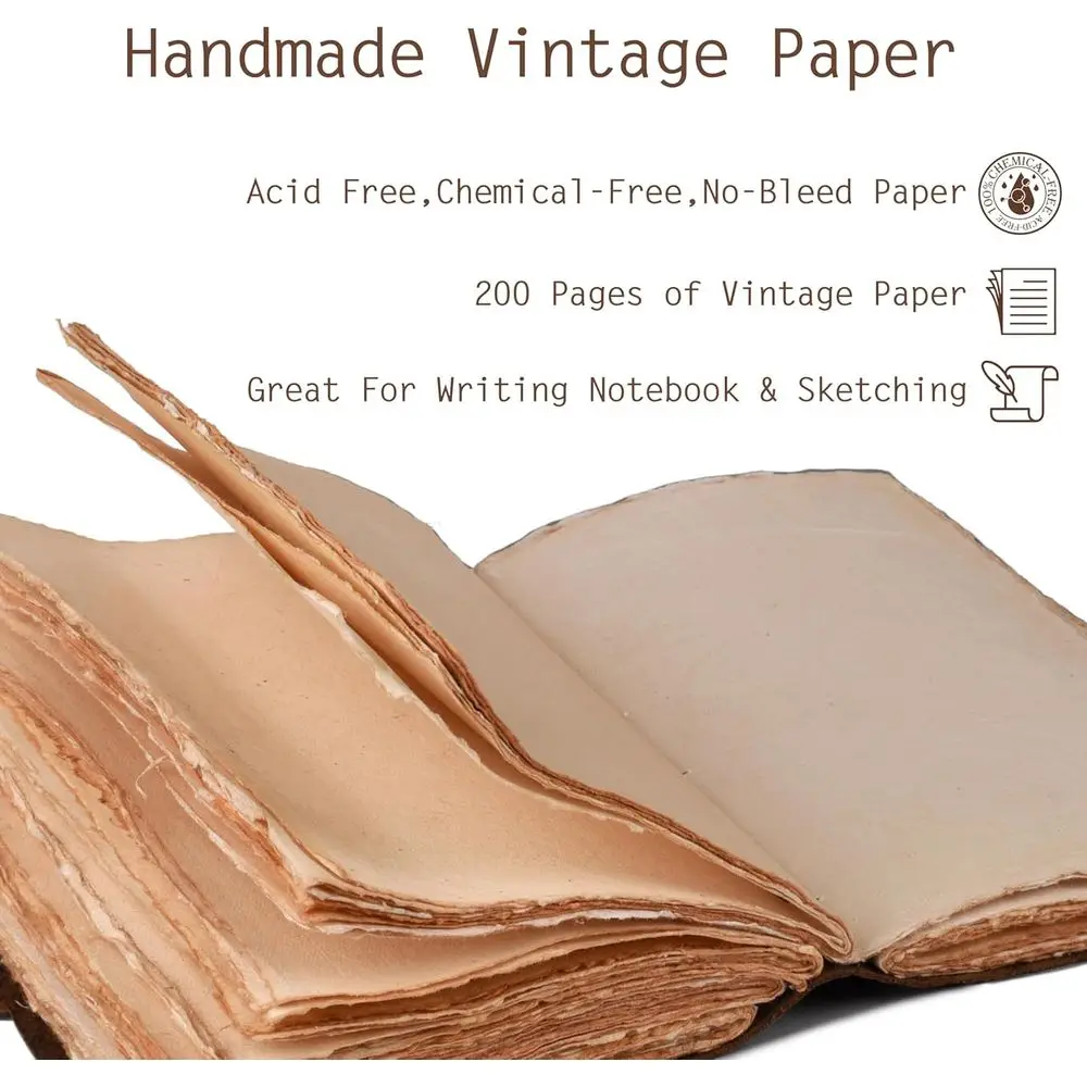 ヴィンテージ手作り日記帳（鍵付き） - A4サイズ、水彩紙の縁、アートや執筆に最適な200ページ