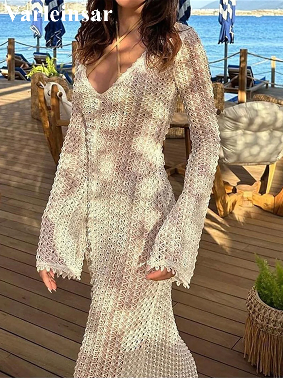 2024 Long Sleeve See Through Crochet Knitted Tunic Beach Cover Up Cover-ups Beach Dress Beach Wear Beachwear Female Women V5441