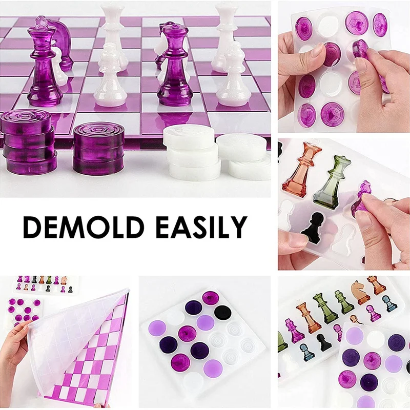 Chess Set With Checkers Board Silicone Resin Mold Kit,Chess Crystal Epoxy Casting Molds For DIY Art Crafts Making