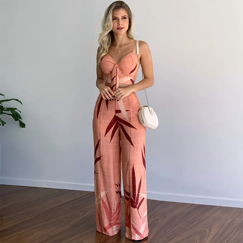 2024 Summer Woman Two Piece Set Tropical Print Spaghetti Strap Casual Lace Up Back Top High Waist Pants Set 2 Pieces Suit Sets