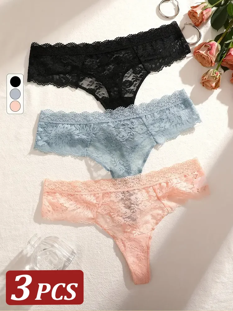 3Pcs Women Lace Sexy Thongs Low-Rise Briefs Sexy Soft Ladies Underwear Trendy Floral Underpants Female Flowery Panty Lingerie