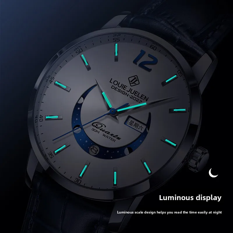 New Master Moon Phase Luminous Waterproof Men's Fashion Quartz Watch Luxury Dress Wristwatch