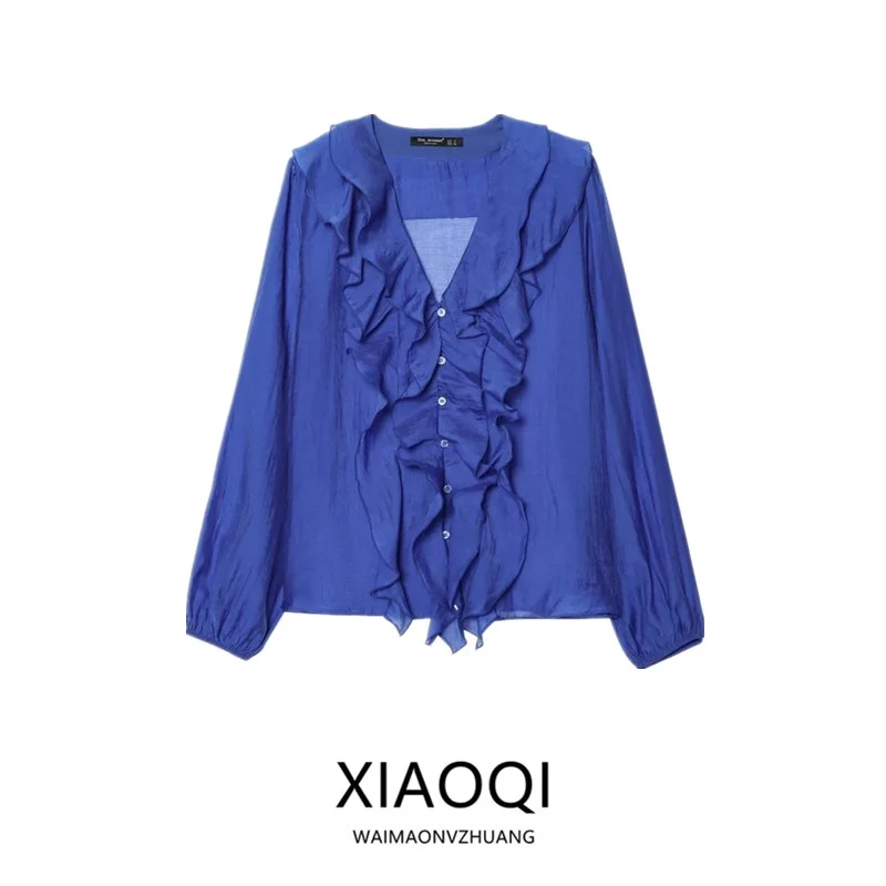 

Summer 2025 Women's Faion V-ne Layered Decoration irt Versatile Long Sve Loose Fit Classic Sle Casual Busin Top