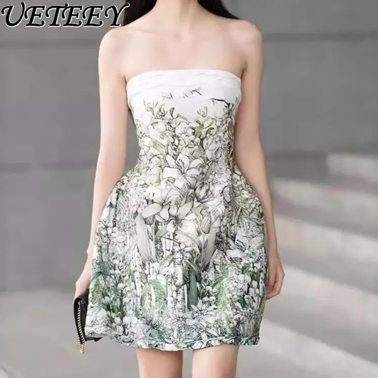 

Summer Print Tube Top High Waist Short Dress Temperament Women's Off-Shoulder Sleeveless Slimming Holiday Party Dresses