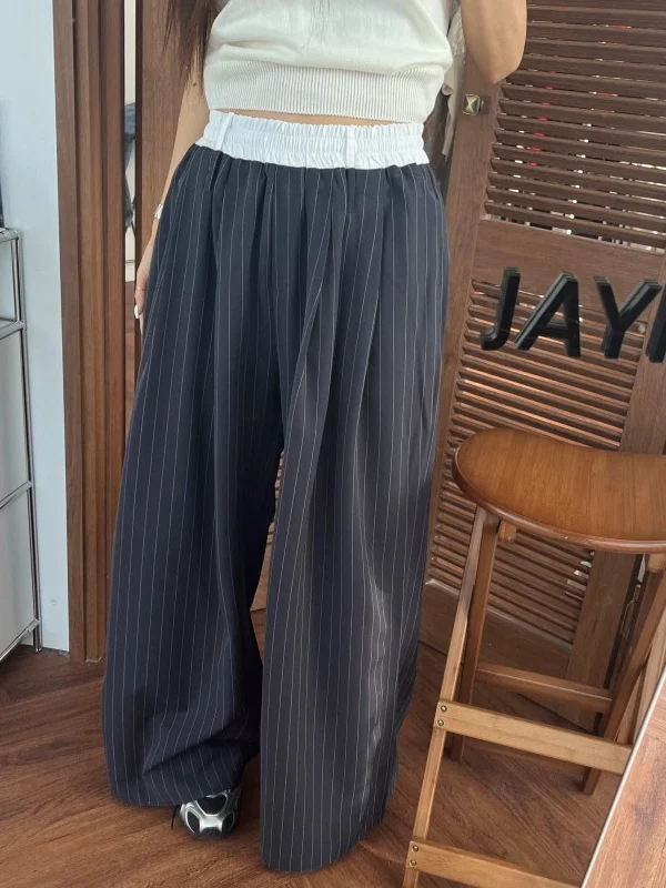 

Брюки женские повседневные с высокой талией, весна 2026, новые длинные брюки, ретро-полосатые классические брюки, широкие брюки, корейский стиль, полиэстер