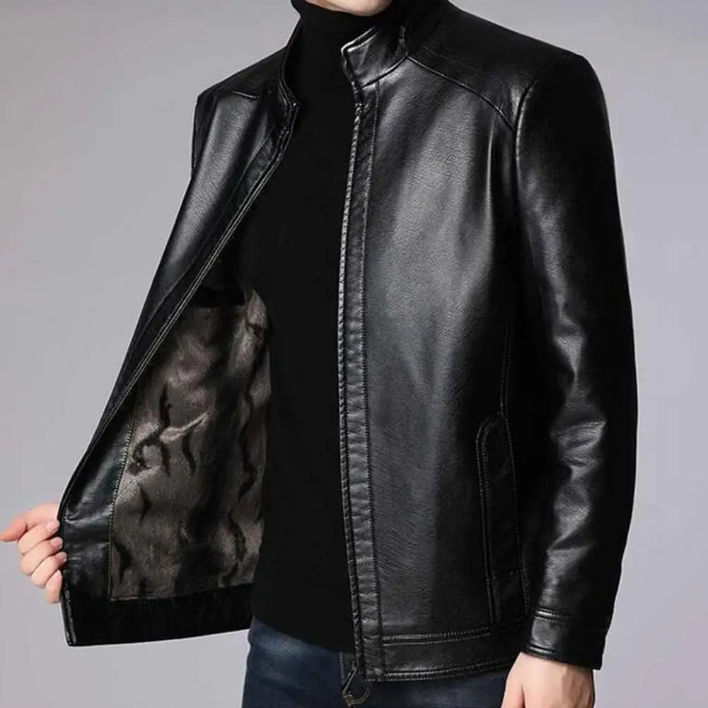 Стильная мужская куртка из искусственной кожи, деловое пальто с плюшевой подкладкой и воротником-стойкой, на молнии, с планкой
