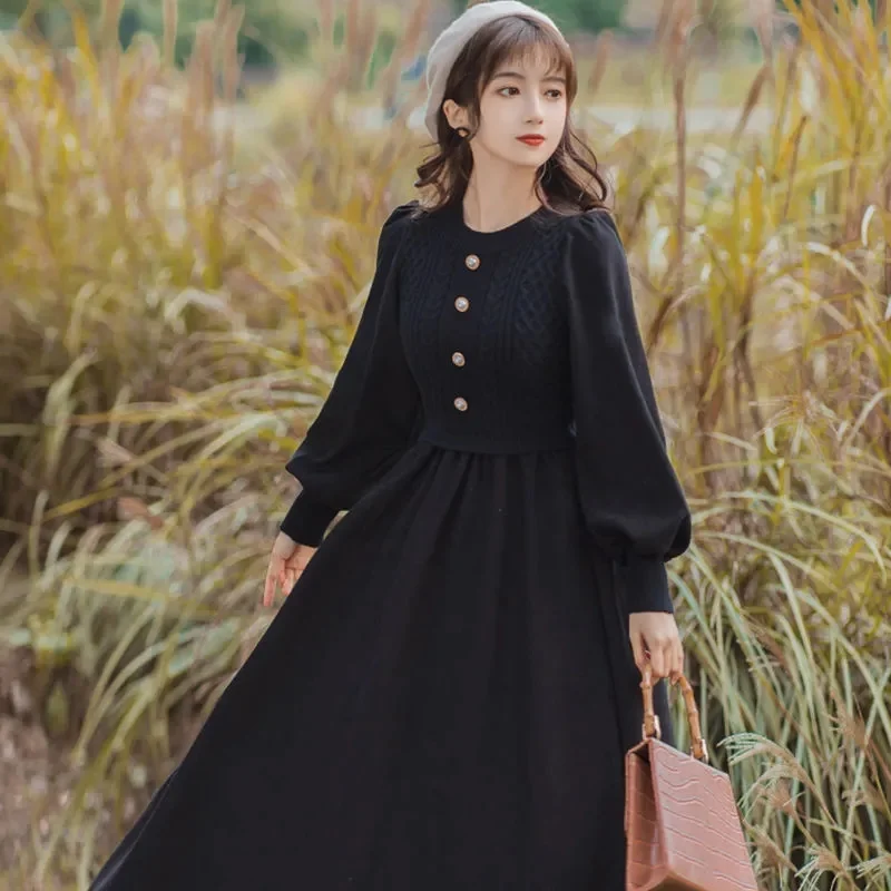 Women NewCasual O-Neck Long Dresses Autumn Ladies Long Styles Sweater Dress Female Lantern Sleeve Fake Two Pieces Knitted Dress