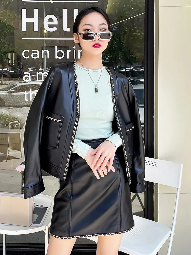 Office Ladies Elegant Cardigan Jacket Chain V-Neck Women Real Sheepskin Genuine Leather Coat Spring Long Sleeve Casual Outerwear