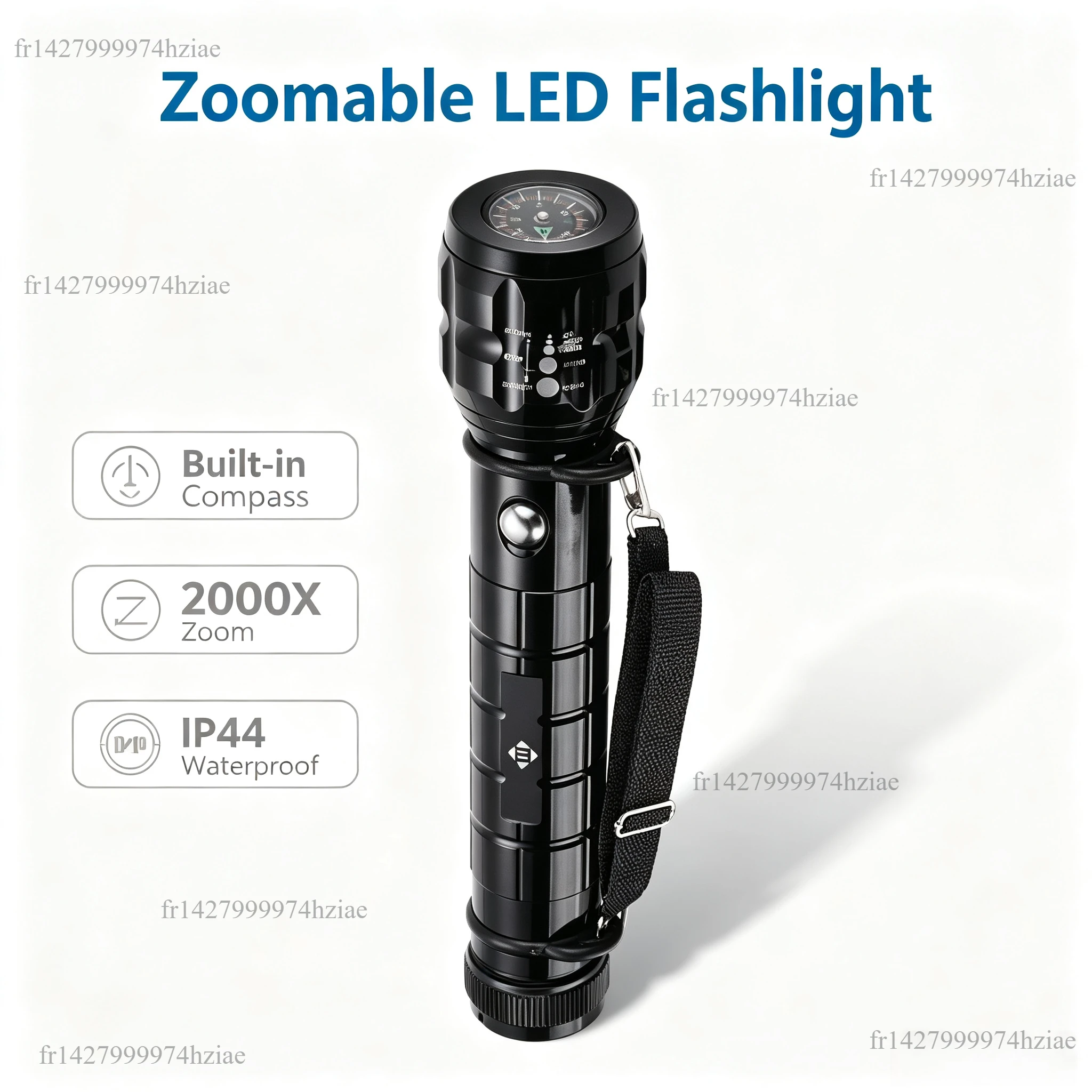 Torcia LED con zoom e bussola integrata, torcia portatile impermeabile IP44, zoom 2000X, 1W, 7000K, ideale per campeggio e situazioni di emergenza, batteria non inclusa.