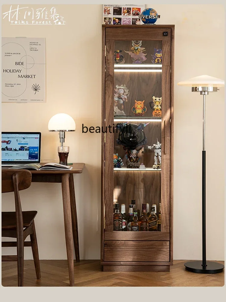 Solid wood black walnut display cabinet glass dustproof multi-functional living room wall storage cabinet