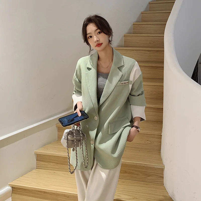 

Korean Single Breasted Color Blocking Blazer Coat Notched Patchwork Suit Jacket 2023 Spring Autumn New Ladies Top