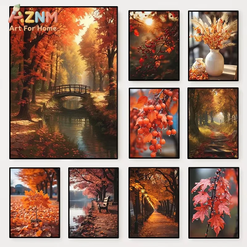 1PC Modern Autumn Natural Scenery Poster Fall Red Berries Leaves Botanical Canvas Painting Wall Art for Living Room Decor