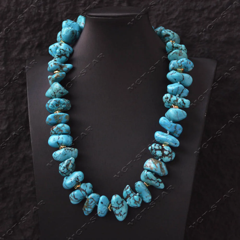 Z14770 Big 21'' 25mm Blue Baroque Turquoise Gravel Gilded Sheet Necklace