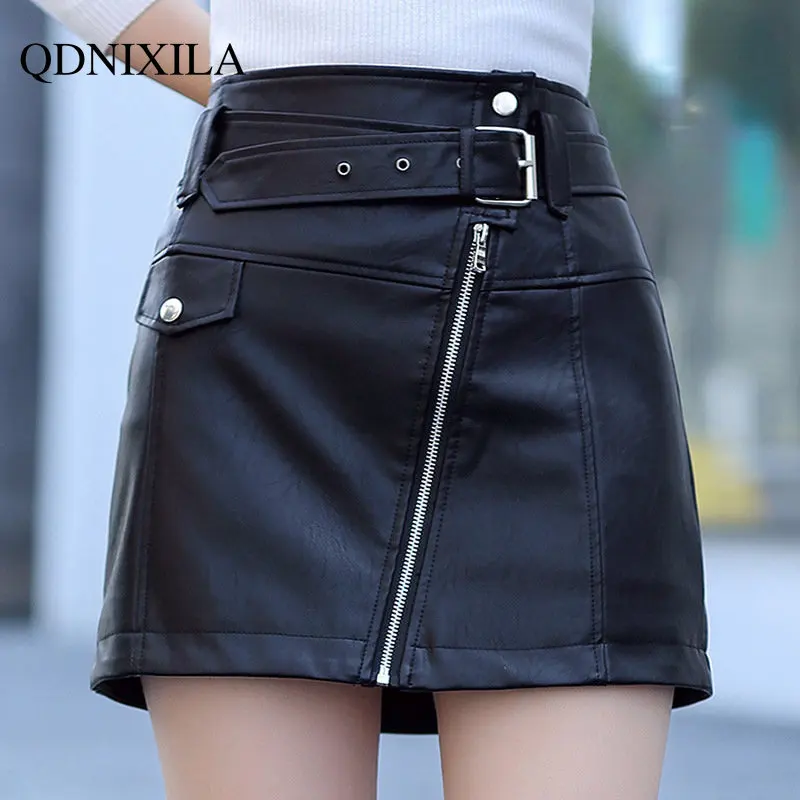 

Korean Style Fashion Autumn Winter Mini Skirts for Woman Black Leather Skirt Oblique Zipper Pu Hip Wrap Skirt Women Skirt