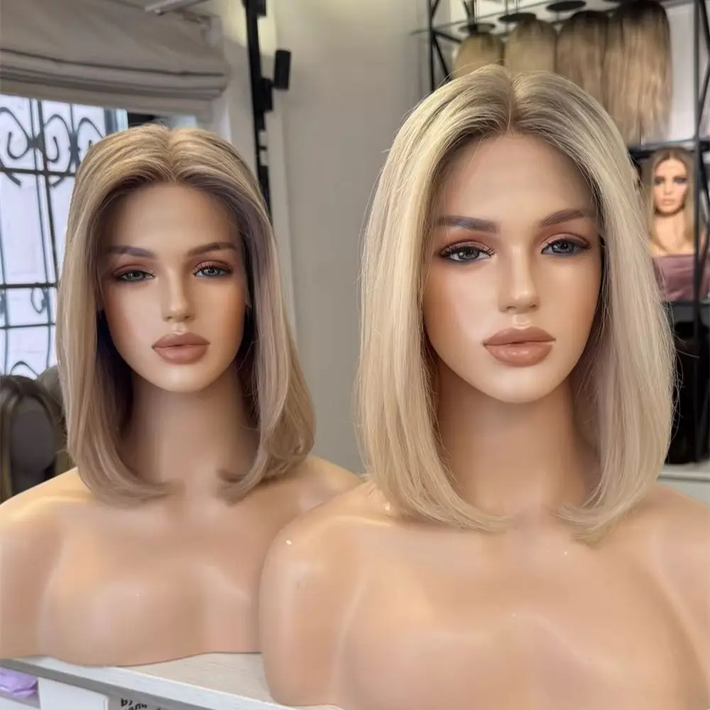 12 Inches Short Straight Bob Ombre Blonde Colored Synthetic HD Lace Front Wig Preplucked Hairline with Baby Hair Glueless Wigs