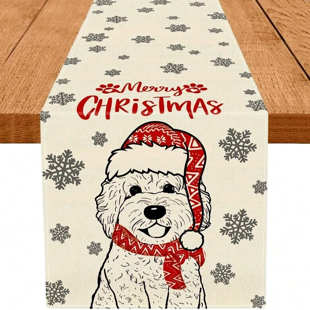 1PC Linen Merry Christmas Table Runner | Golden Retriever & Snowflake Print | Seasonal Holiday Kitchen Table Decor
