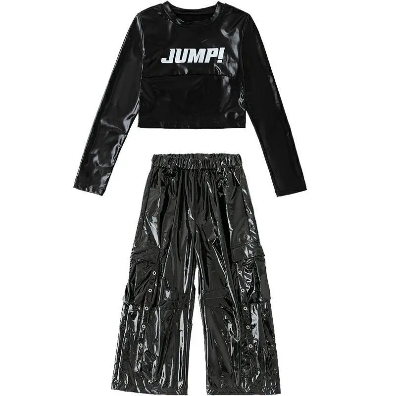 Vêtements Hip Hop Kpop pour enfants, t-shirt court métallique noir à manches longues, en Faux cuir, sangle décontractée, pantalon Cargo pour Costumes de danse pour filles