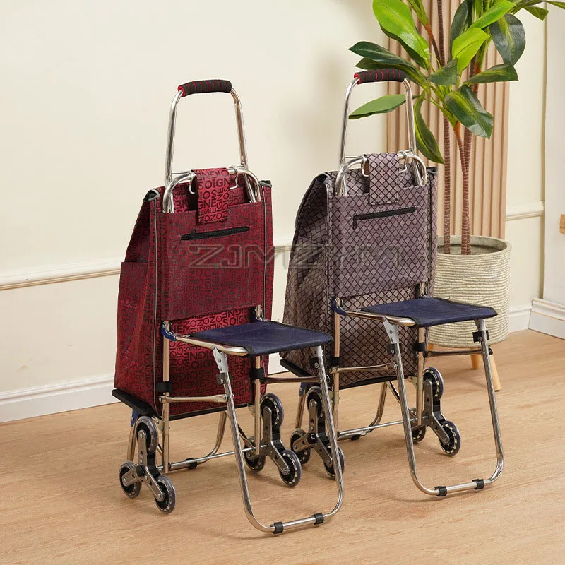Seat Design Shopping Cart Large Capacity Hand-Pulled Trolley Foldable Stair Climbing Vegetable Bung With Waterproof Bag Chair