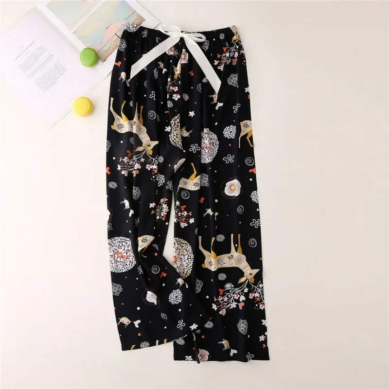 2024 Home Pants Women Spring Summer Thin Sleep Pants Floral Printed Pajama Pants Wide Leg Loose Plus Size Calf-length Bottoms