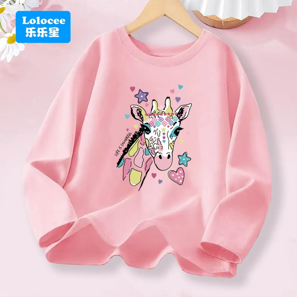 Baby Girls' Long Sleeve T-shirt - Colorful Giraffe with Hearts & Stars Print Kids Top Fashion Animal Clothes
