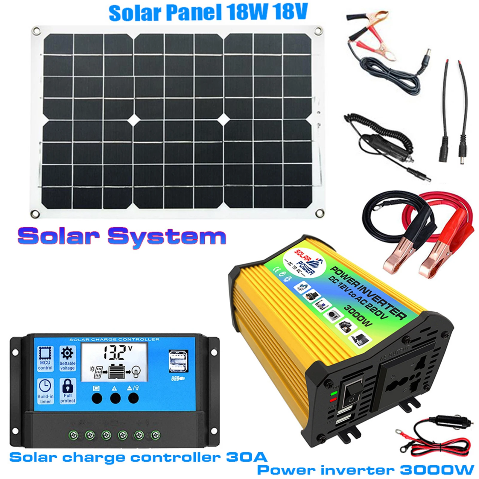 Solar Power System Complete Solar Panel Kit For RV Solar Power System Kit Off Grid With Solar Panel And 3000W Inverter 30A Solar