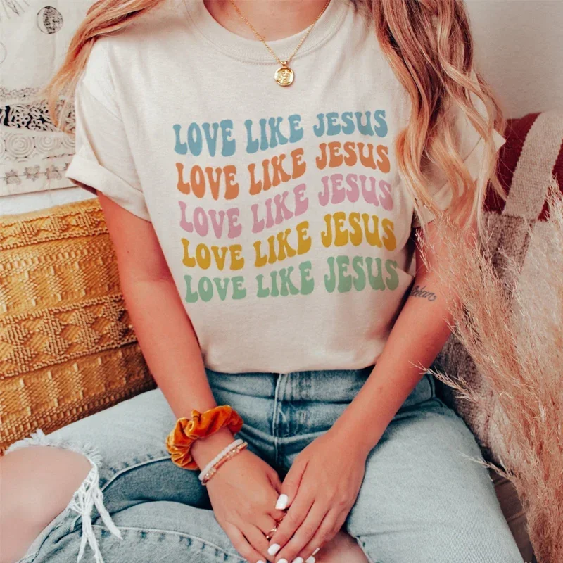 Liebe wie Jesus Glaube Grafik T-Shirts Kurzarm religiöse Bibel Vers T-Shirt Retro groovy T-Shirts christliche Kleidung für Frauen