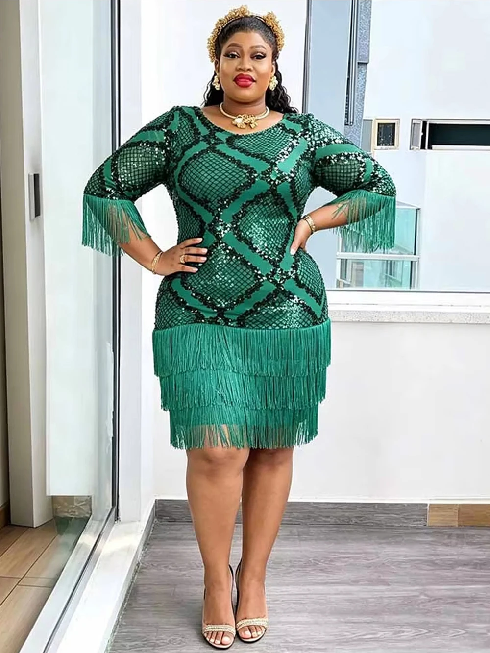 Elegant Sequin Dresses For Women African Clothing Wedding Party Evening Gown Dashiki Tassel Bodycon Robe Dubai Turkey Dress