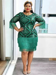 Elegant Sequin Dresses For Women African Clothing Wedding Party Evening Gown Dashiki Tassel Bodycon Robe Dubai Turkey Dress