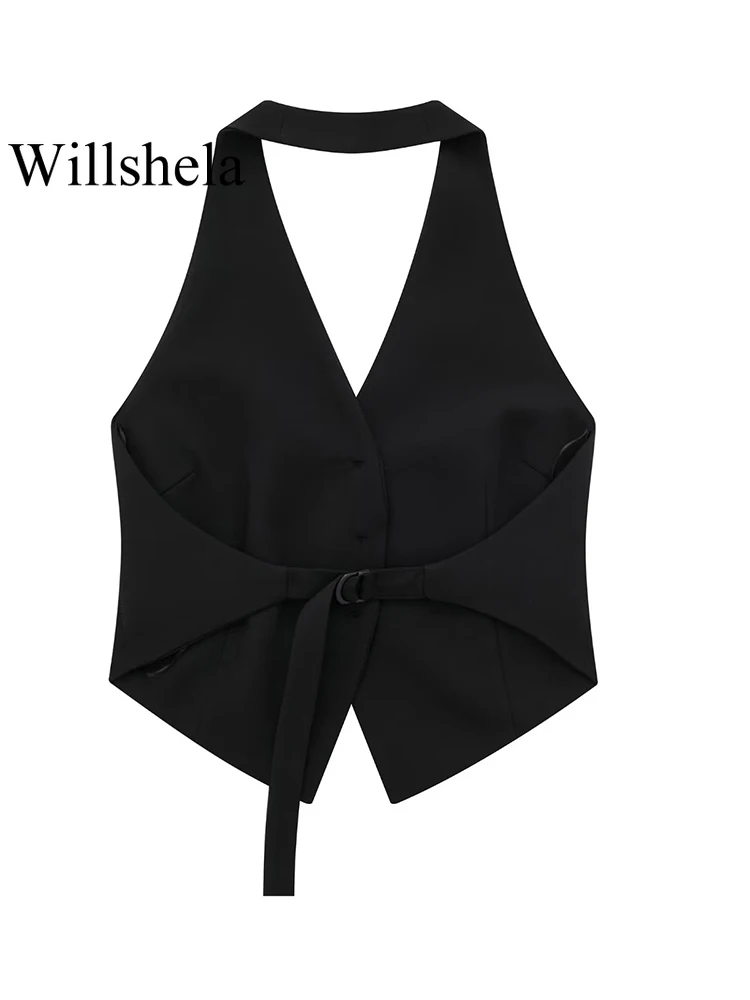 Willshela Women Fashion Black Backless Lace Up Waistcoats Vintage Halter Neck Sleeveless Jackets Female Chic Lady Tank Tops