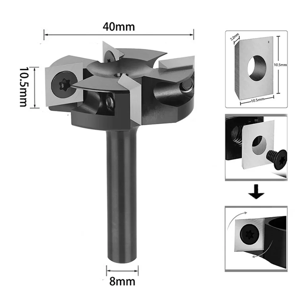 Router Bit Carbide 4 Flute 40mm Cutting Diameter 8mm Shank for Levelling Resurfacing and Edge Work on Wooden Panels