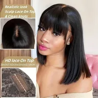 Short Straight Bob Wig Human Hair with Bangs 3x1 Lace Middle Part Full Machine Made Natural Black Wig for Black Women 4