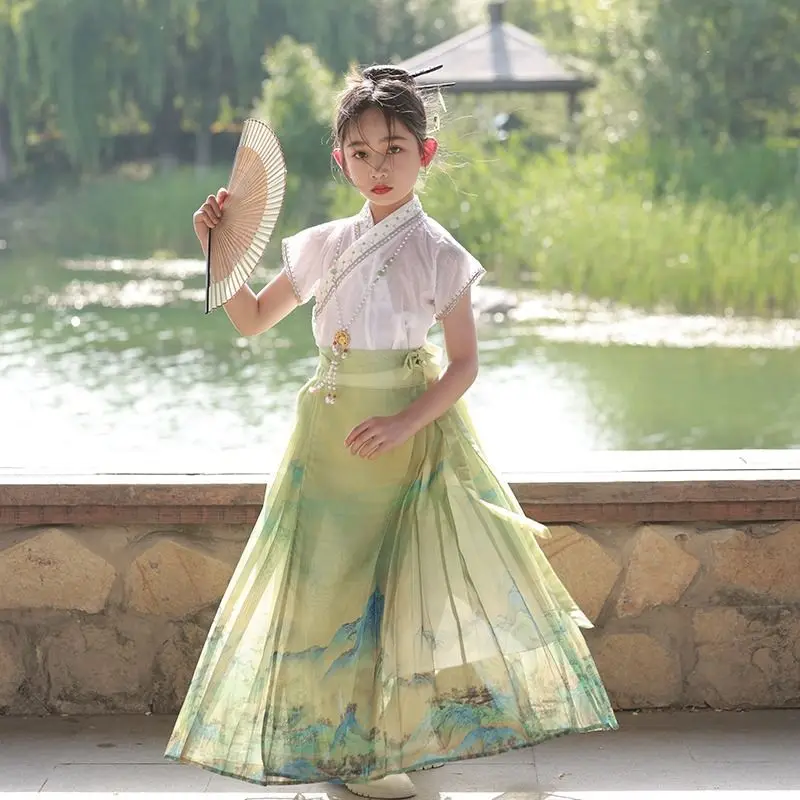 Chinese Traditional Children's Hanfu Suit Improve Tang Suit Landscape Painted Horse Face Skirt Girls Cute Kids Clothing