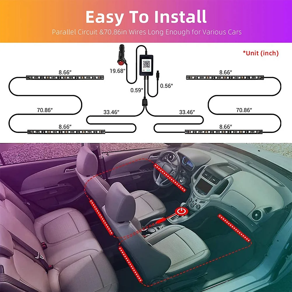 Interior Car Lights,12 LED Car LED Strip Light,Car Led Interior Lights, Bluetooth APP Control,Multi DIY Colour Music